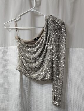 Express One-Shoulder Sequin Top in Silver